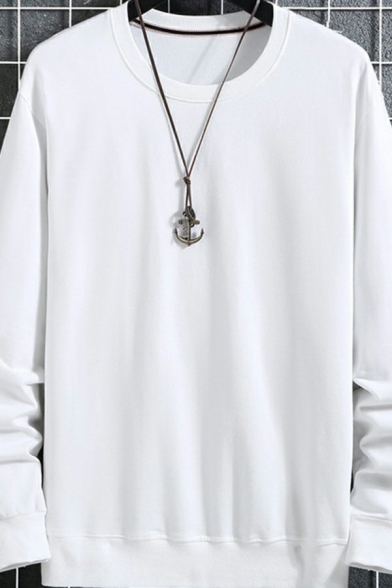 Fashion Pure Color Sweatshirt Long-sleeved Round Neck Pullover Rib Cuffs Sweatshirt for Men