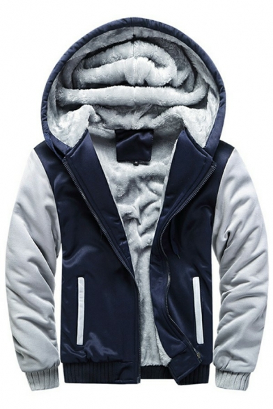 Fashionable Mens Coat Contrast Color Long-Sleeved Fleece-Lined Zip Placket Relaxed Fit Hooded Coat