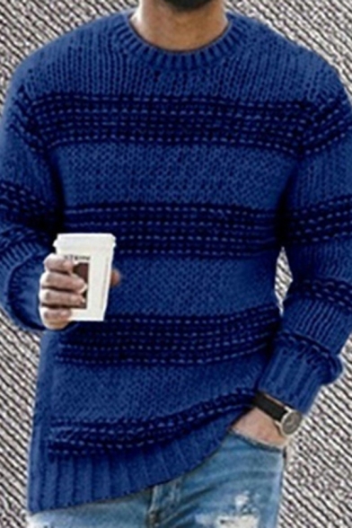 Fashionable Mens Sweater Stripe Print Crew Neck Loose Fitted Sweater