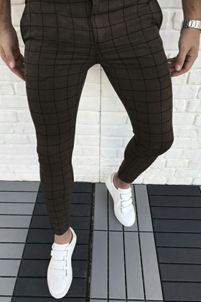 Fashionable Pants Plaid Printed Zip Up Ankle Length Mid-Rised Slim Fit Pants