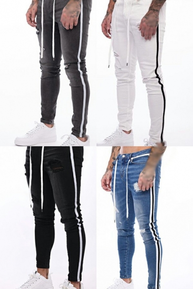 Guys Athletic Jeans Stripe Print Contrast Line Ripped Skinny Ankle Length Jeans