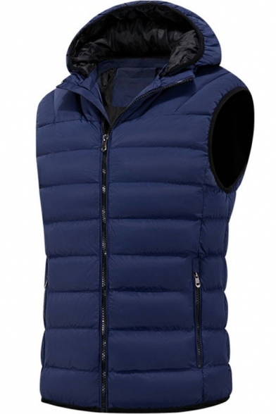 Guys Thermal Vest Solid Color Zip Fly Pocket Decorate Hooded Slim Fit Vest
