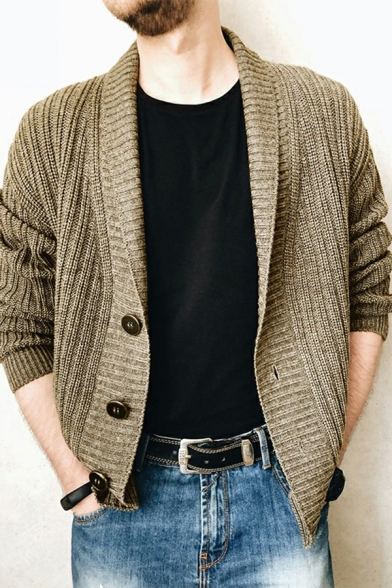 Leisure Men's Cardigan Plain Knit Shawl Collar Button up Long-Sleeved Loose Fit Cardigan