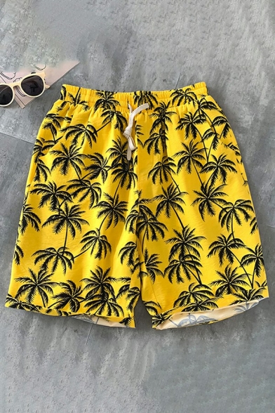 Leisure Mens Shorts All over Leaf Pattern Elasticated Waist with Drawstring Relaxed Fit Shorts