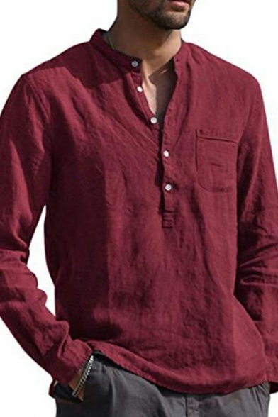 Men Casual Shirts Solid Color Long Sleeve Button Detail Stand Collar Chest Pocket Relaxed Fit Shirts