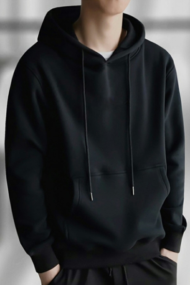 Men Oversized Hoodie Solid Drawstring Pouch Pocket Rib Cuffs Long-sleeved Loose Fit Hoodie