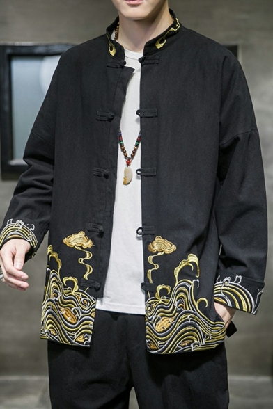 Men Retro Jacket Embroidery Pattern Stand Collar Horn Button Long-sleeved Loose Jacket