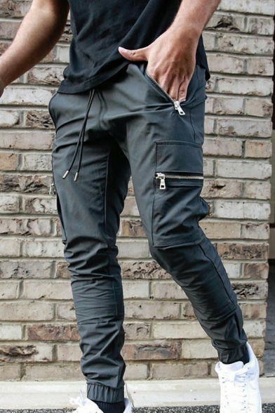 Men Smart Pants Solid Pocket Design Zip Detail Drawstring Waist Gathered Cuffs Fitted Pants