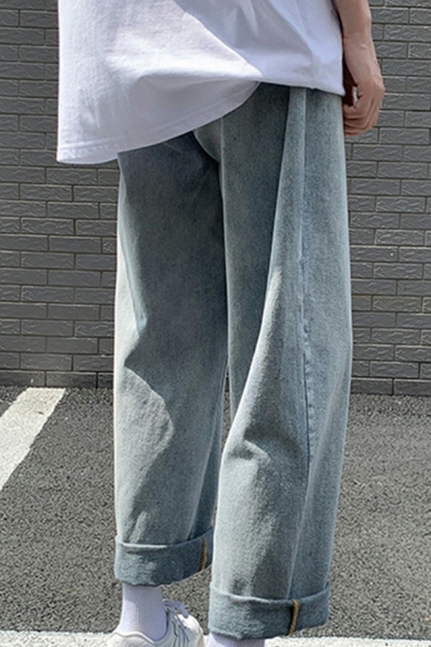 Simple Mens Jeans Whole Colored Zipper Bleach Wide-leg Long Length Jeans