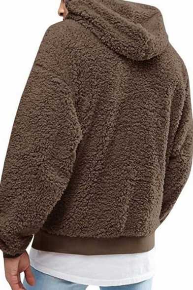 Popular Guys Hoodie Pure Color Drawstring Decorated Long-sleeved Front Pocket Regular Fleece Hoodie