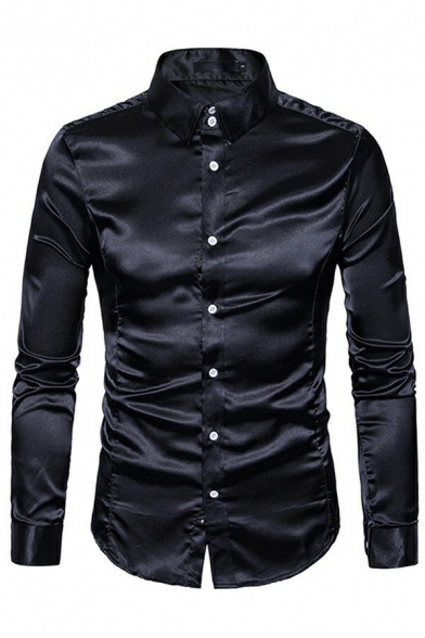 Popular Mens Button-up Shirt Solid Color Long-Sleeved Lapel Collar Slim Fit Shirt Top