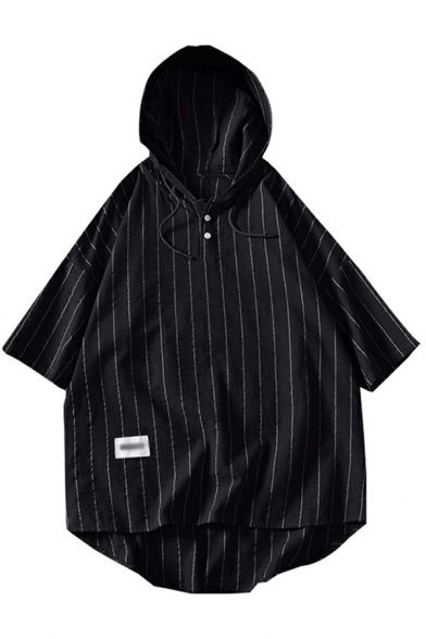 Street Look Men's Hoodie Vertical Striped Short Sleeve Drawstring Button Detail Loose fit Hoodie