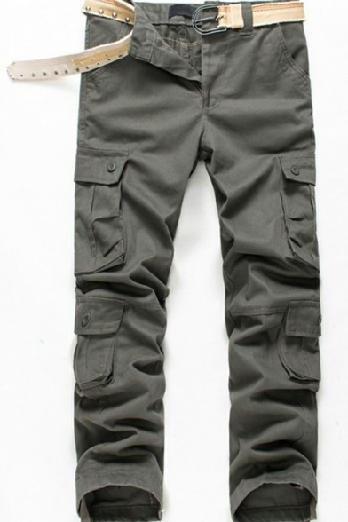 Street Style Men Pants Plain Flap Pocket Mid Rise Full Length Cargo Pants