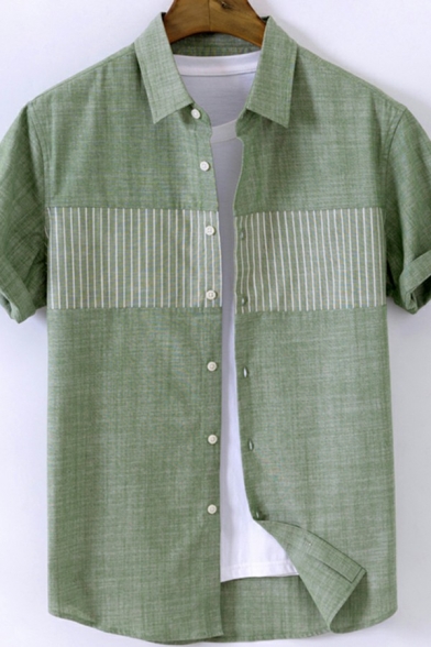 Stylish Green Shirt Patchwork Stripe Print Short Sleeve Point Collar Button up Regular Shirt Top for Men