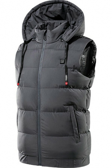 Thermal Waistcoat Pure Color Drawcord Zip Closure Pocket Hooded Relaxed Waistcoat for Men
