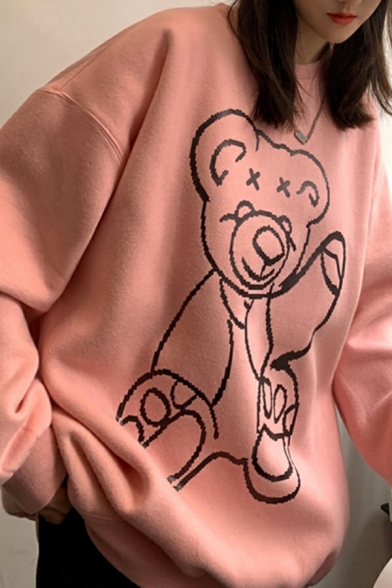 Urban Sweatshirt Bear Pattern Long-sleeved Round Neck Loose Fit Sweatshirt for Men