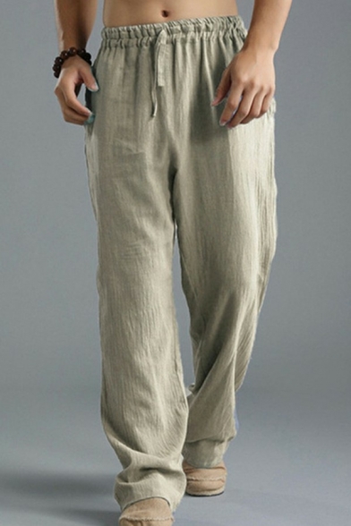 Athletic Guys Pants Plain Elastic Waist with Drawstring Full Length Baggy Pants