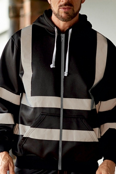 Casual Men's Hoodie Long Sleeves Reflective Contrast Color Fleece Zipper Drawstring Hoodie