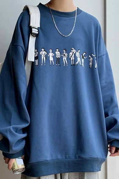 Casual Men's Sweatshirt Cartoon Printed Crew Neck Long Sleeve Oversized Sweatshirt Top