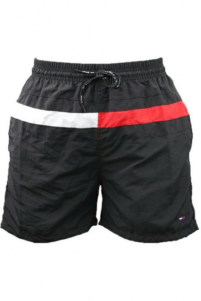 Casual Mens Shorts Contrast Color Drawstring Elastic Waist Front Pocket Straight Relaxed Fit Shorts