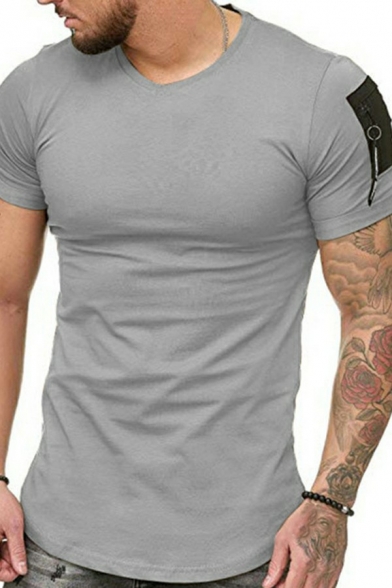 Chic T-Shirt Pure Color Side Zipper Decoration Short-sleeved Round Neck Slim Tee for Men