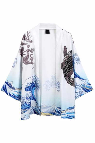 Creative Mens Coat Chinese Style Fish Printed 3/4 Sleeves Open Front Relaxed Fit Coat