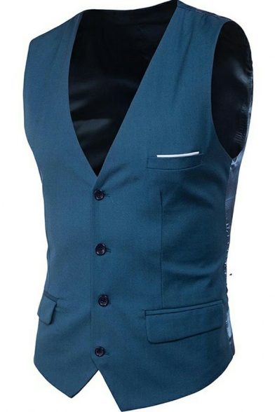 Edgy Guys Suit Vest Whole Colored Pocket Decoration Single Breasted Slim Fit Suit Vest