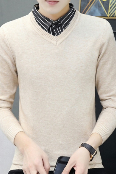 Elegant Guys Sweater Solid Color Long Sleeved Plush Slim Fitted Sweater