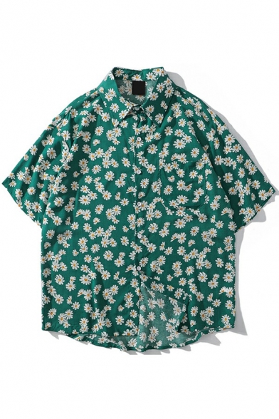 Fancy Shirts Flower Print Turn-Down Collar Short Sleeve Single Breasted Loose Shirts for Men