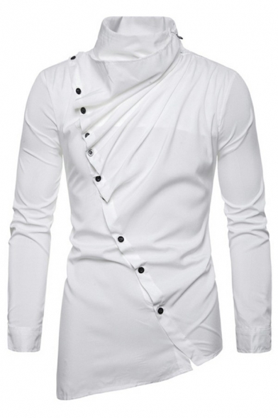 Guys Novelty Shirt Plain Applique Button Pleated Stand Collar Long Sleeves Fitted Shirt