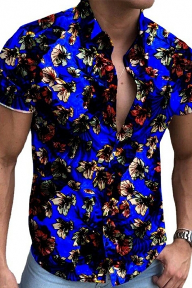 Guys Unique Shirt Floral Patterned Button Decorate Collar Regular Short Sleeves Shirt