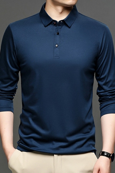 Men Business T-shirt Pure Color Button Designed Half Placket Lapel Neck Long Sleeves Slim Fit Tee Top