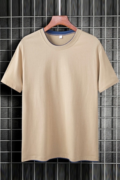 Men Elegant T-Shirt Pure Color Crew Neck Short Sleeve Loose Fit T-Shirt