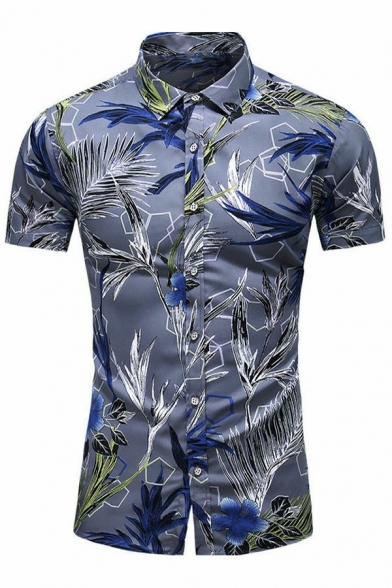 Men Fashionable Shirt Plant Print Button Closure Turn-down Collar Short Sleeve Regular Shirt