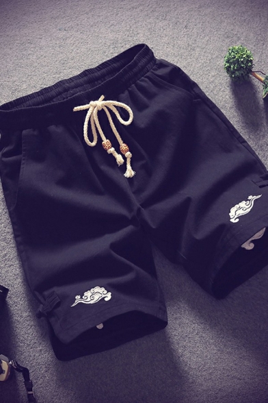 Men Stylish Shorts Cloud Embroidered Pattern Elasticated Waist with Drawstring Pocket Detailed Straight Fitted Shorts