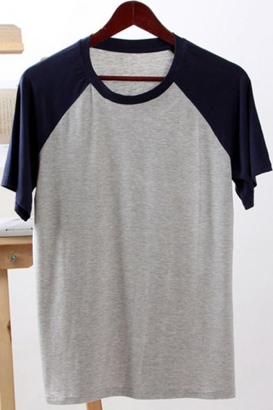 Men Trendy T-Shirt Color Panel Round Neck Raglan Short Sleeve Loose T-Shirt