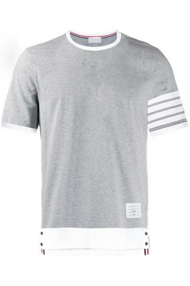 Men Trendy T-Shirt Contrast Striped Crew Neck Short Sleeves Loose T-Shirt