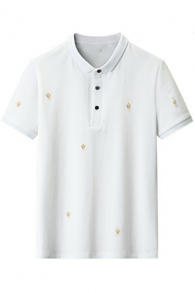 Pop Tee Top Embroidery Print Button Detailed Short-sleeved Regular Tee Top for Men