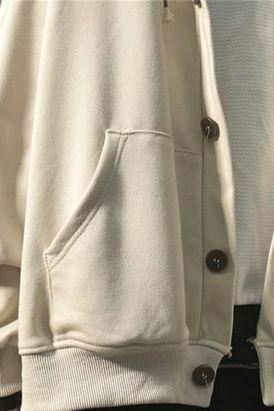 Simple Men's Hoodie Solid Color Long-Sleeved Button Detail Loose Fit Hoodie
