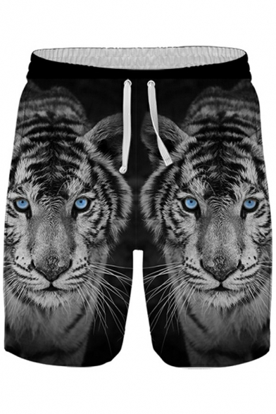 Urban 3D Tiger Printed Drawstring Elastic Waist Mid Waist Loose Fit Shorts for Boys