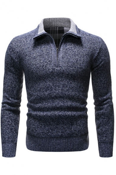 Basic Knitwear Whole Colored Knitted Long Sleeves Collar Slimming Zipper Placket Sweater for Men