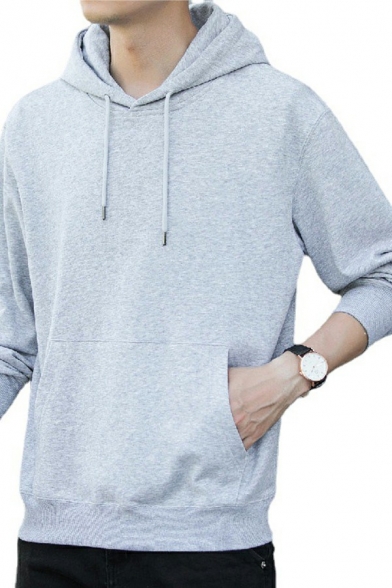 Casual Men's Hoodie Kanga Pocket Solid Color Long Sleeves Regular Fit Drawstring Hoodie
