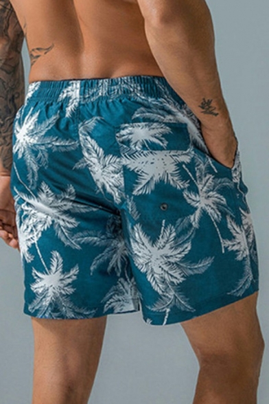 Casual Men's Shorts Tropical Printed Mid-Rised Elasticated Waist with Drawstring Straight Fit Shorts