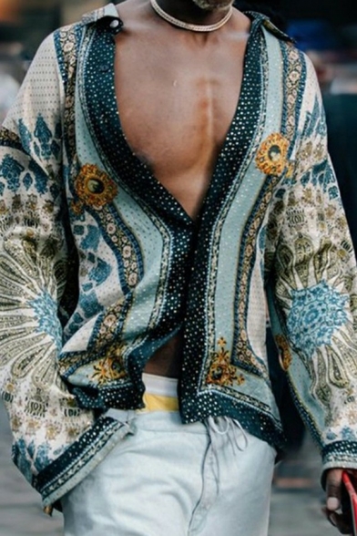Creative Mens Shirt Flower Pattern Long-Sleeved Button Detail Lapel Collar Loose Fit Shirt
