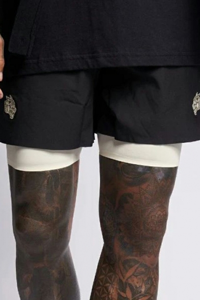 Dashing Men Shorts Solid Double Layers Elastic Drawstring Waist Mid Rise Loose Shorts for Men