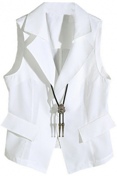 Edgy Men's Suit Vest Solid Pocket Design Turn-down Collar Button Detail Suit Vest in White
