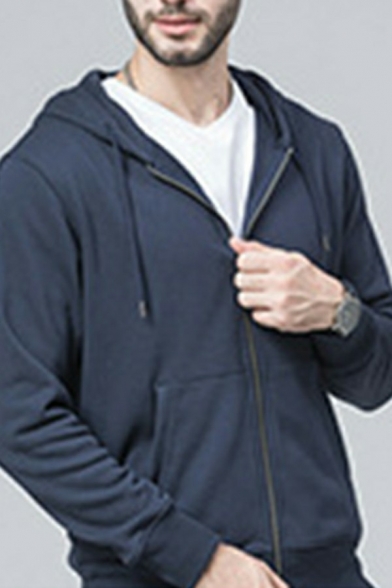 Elegant Guys Hoodie Pure Color Side Pocket Drawstring Zip-up Long-sleeved Fitted Hoodie