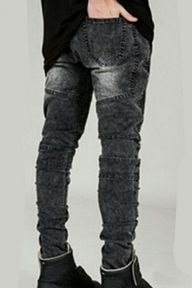 Elegant Jeans Pleated Designed Mid Rise Skinny Full Length Zip Placket Jeans for Men