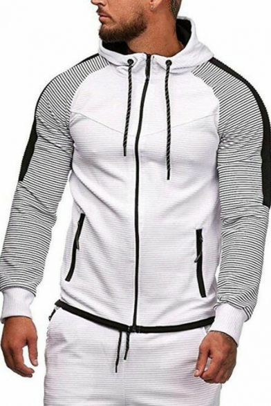 Fancy Hoodie Pinstriped Print Drawcord Front Pocket Long Sleeves Relaxed Zipper Hoodie for Men