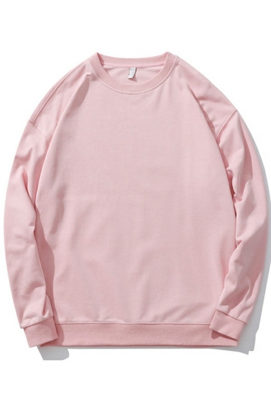 Fancy Mens Sweatshirt Pure Color Long Sleeves Round Neck Relaxed Fit Sweatshirt